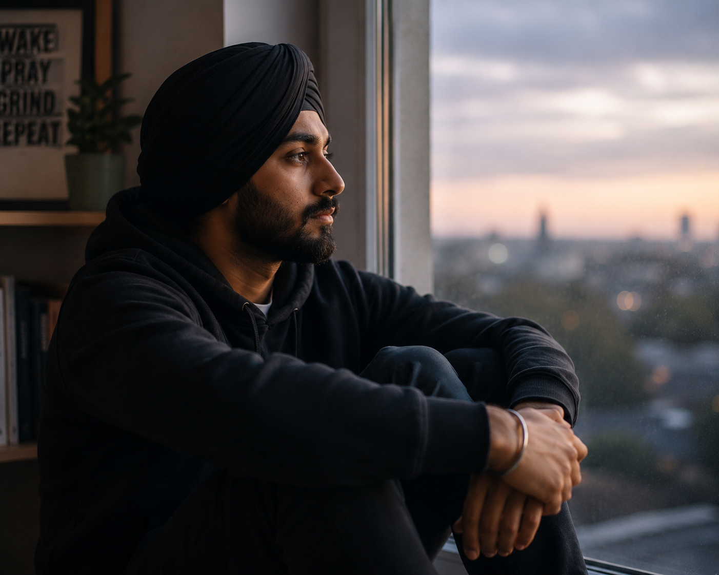 Sikh man looking out of a window with questioning thoughts